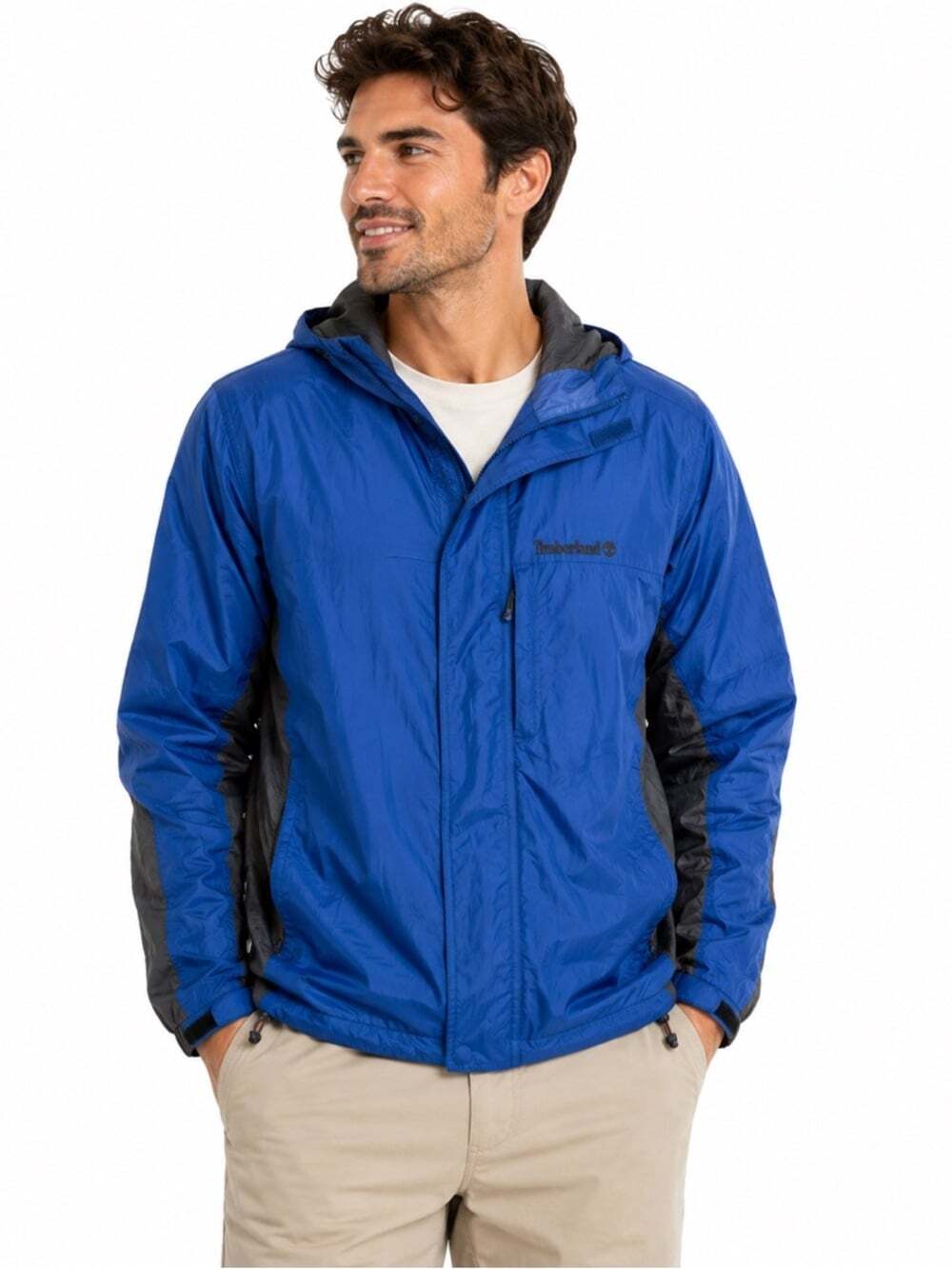 Timberland Mens Blue Utility Coat Size 2XL Hood Long Logo Full Zip